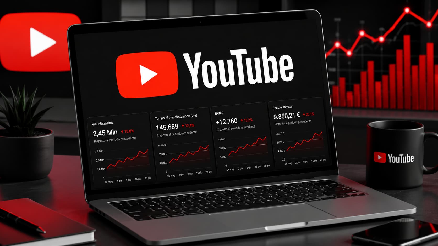 Interfaccia di YouTube con grafici di crescita delle visualizzazioni e simbolo di algoritmo