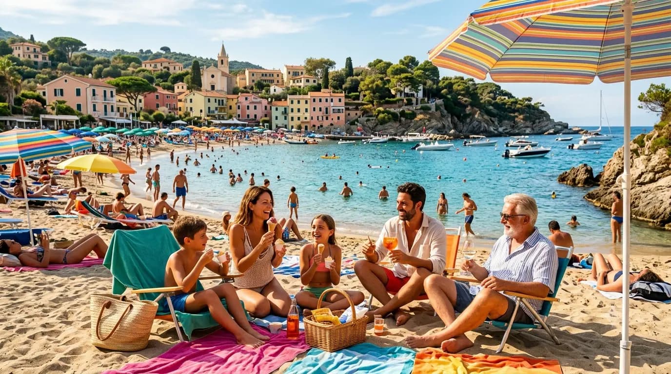 Tavolata all'aperto al tramonto con piatti tipici di mare e vista panoramica sulla costa italiana