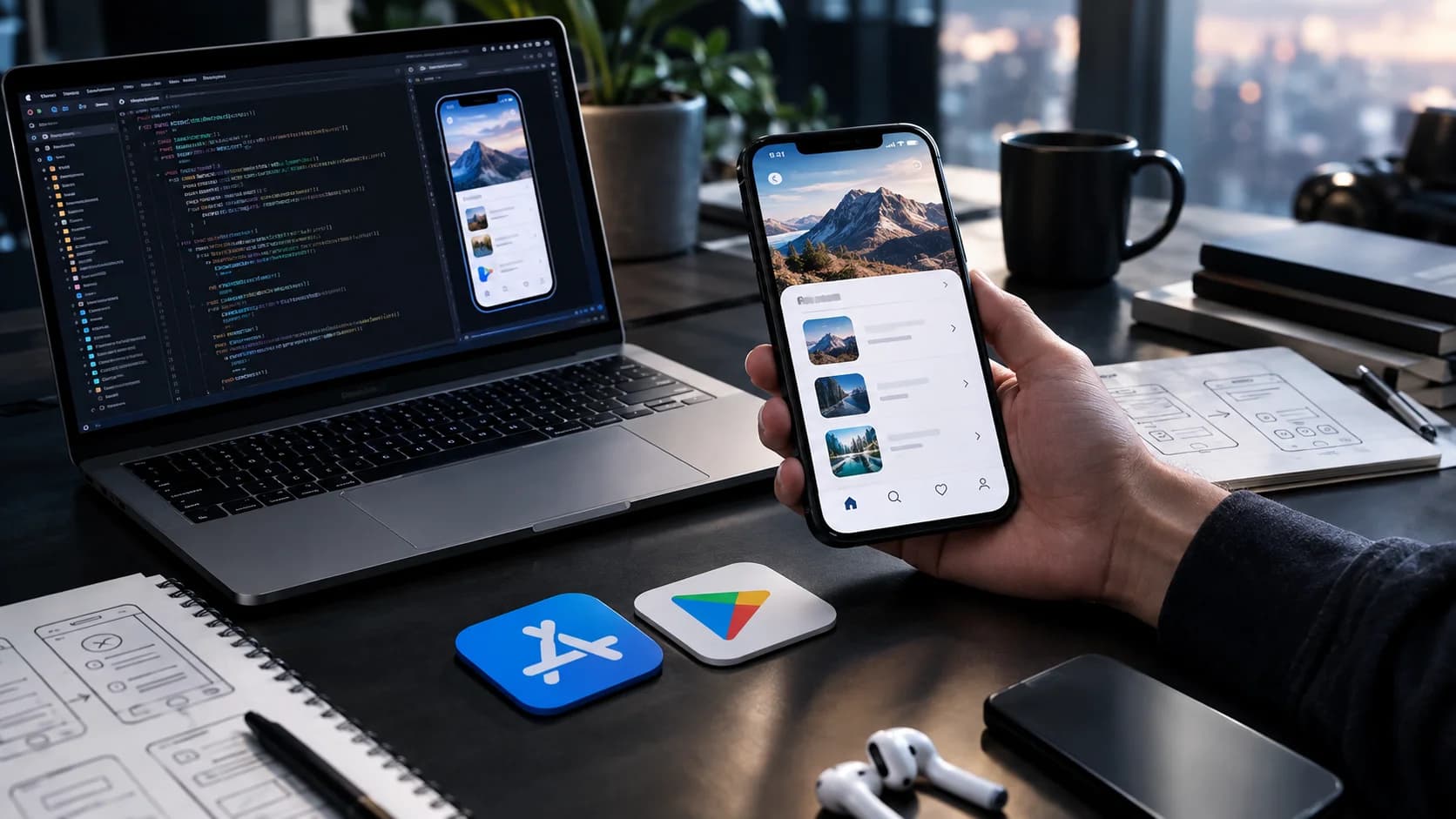 Illustrazione del processo di creazione di un'app da zero nel 2026, dall'idea alla pubblicazione su App Store e Google Play