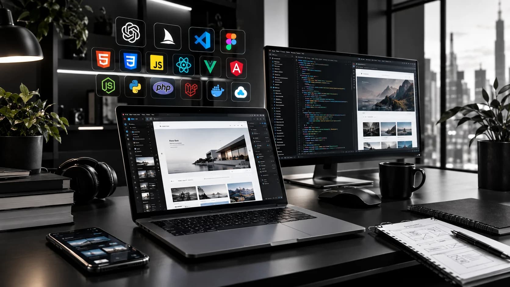 Sviluppatore che lavora alla creazione di un sito web moderno nel 2026 con framework e strumenti di intelligenza artificiale