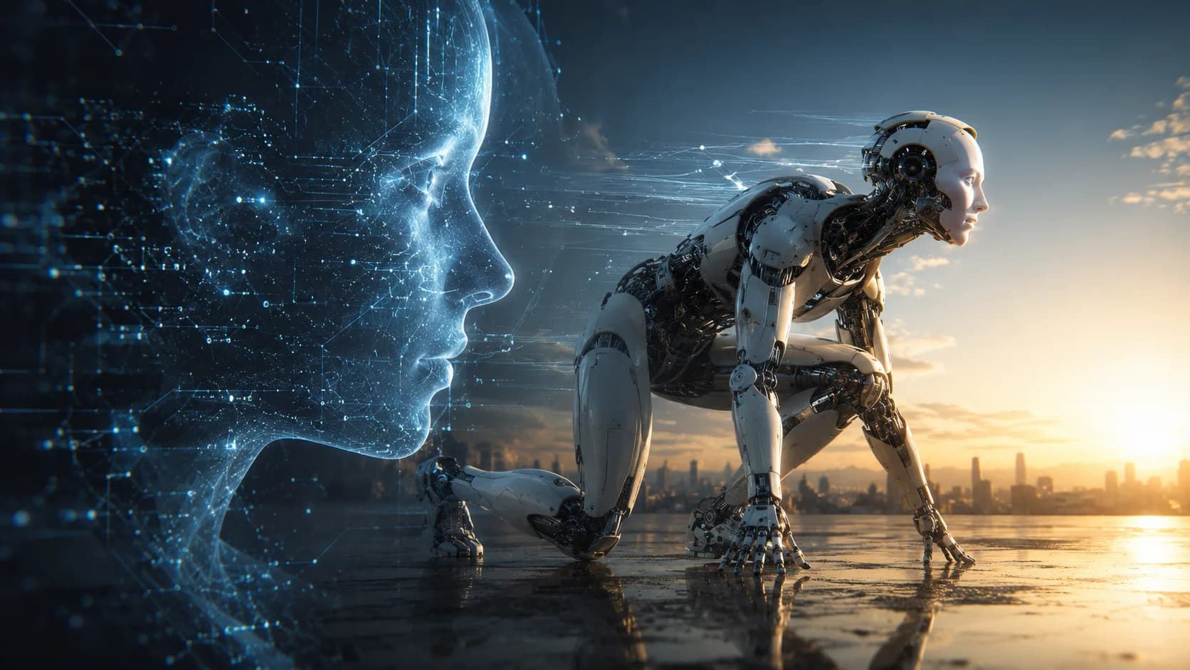 Robot umanoide con intelligenza artificiale che interagisce con il mondo fisico in un ambiente industriale