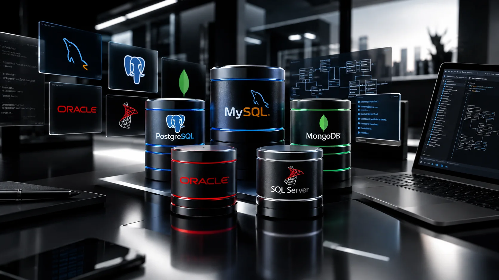Confronto visivo tra i loghi e le architetture di MySQL, PostgreSQL, MongoDB, Oracle e SQL Server nel 2026