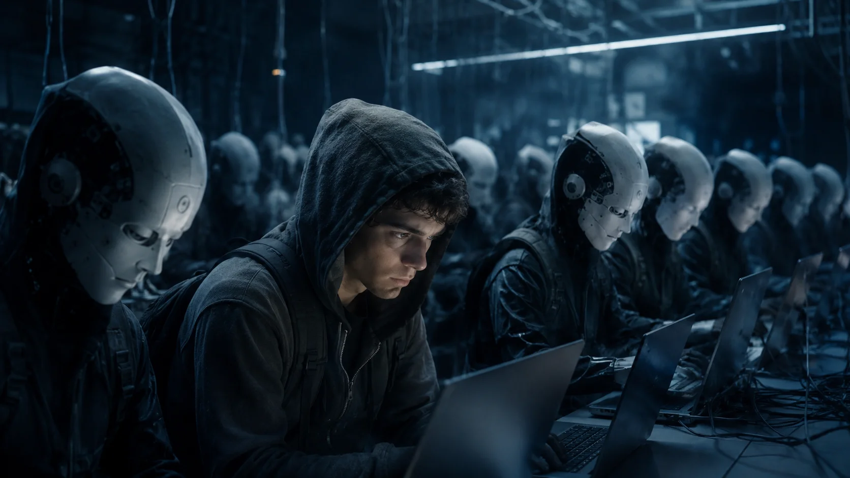 Rappresentazione simbolica della Dead Internet Theory con bot e reti automatizzate che popolano il web