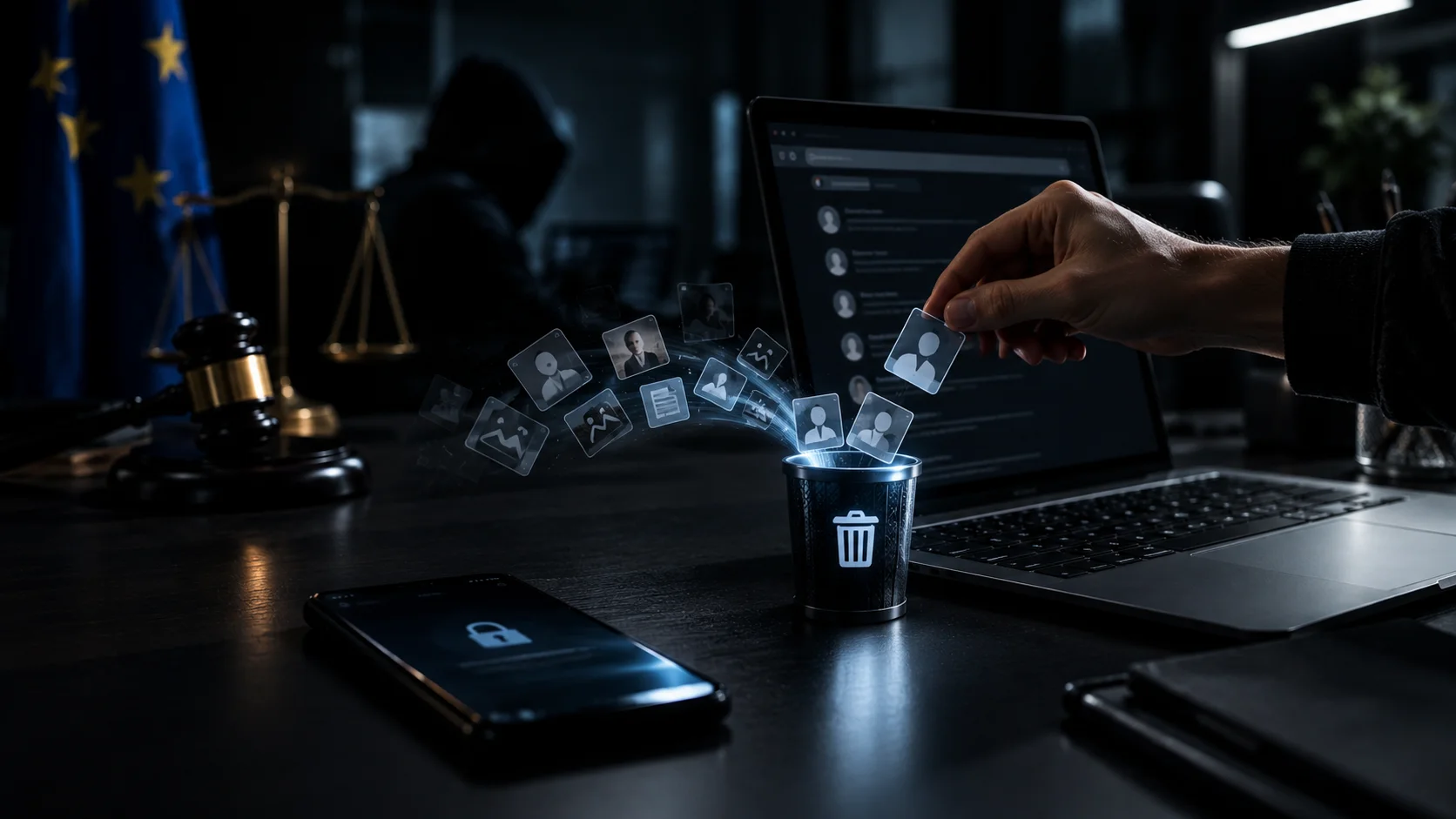 Illustrazione del diritto all'oblio digitale e della cancellazione dei dati personali secondo il GDPR