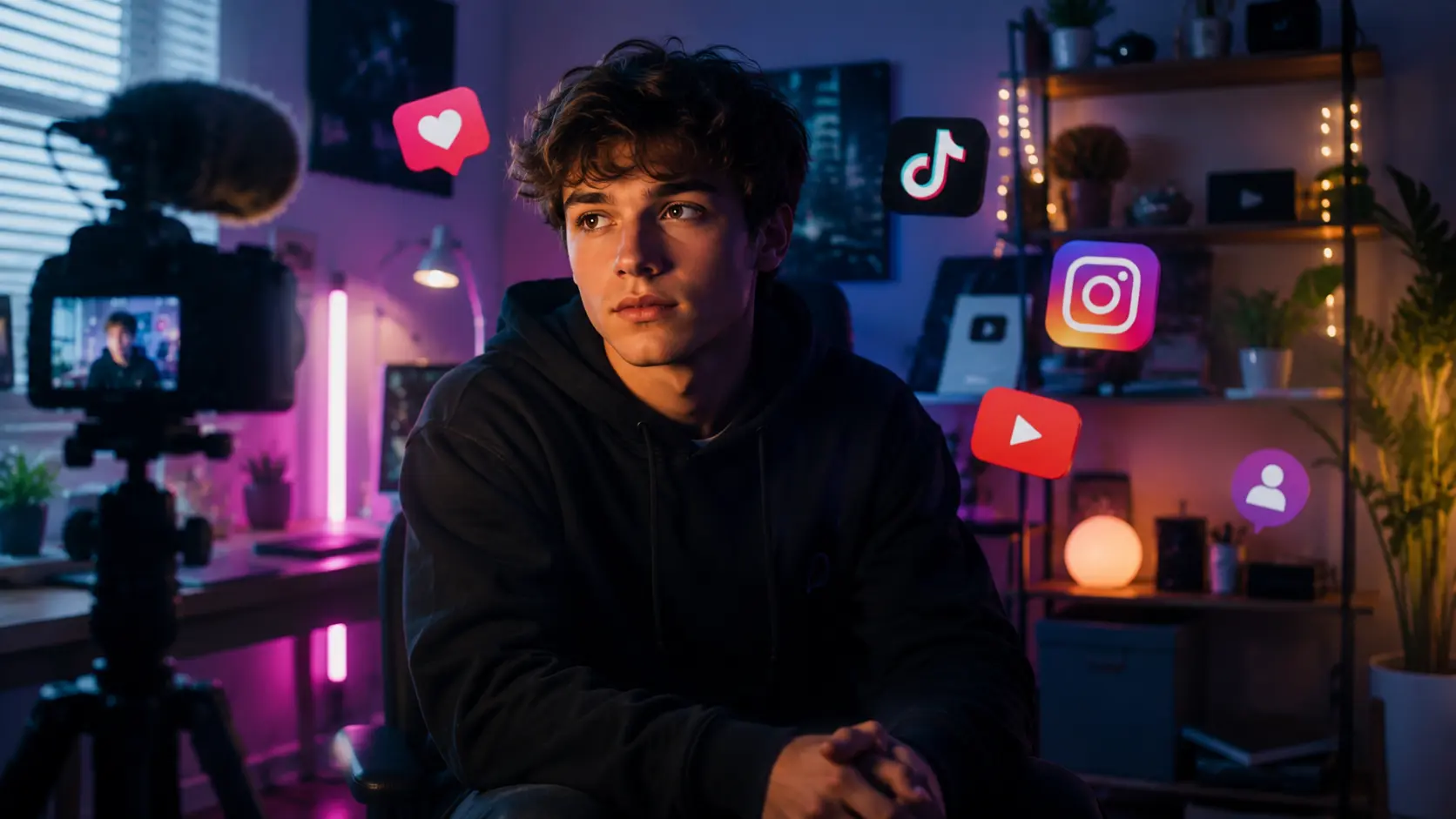 Creator che registra un video con smartphone e luci ad anello in uno studio domestico
