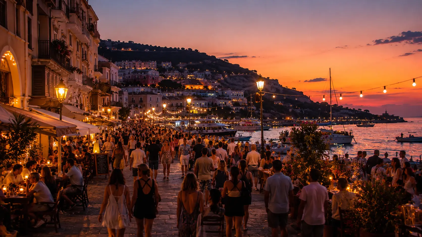 Spiaggia italiana affollata durante il weekend di Ferragosto con ombrelloni colorati