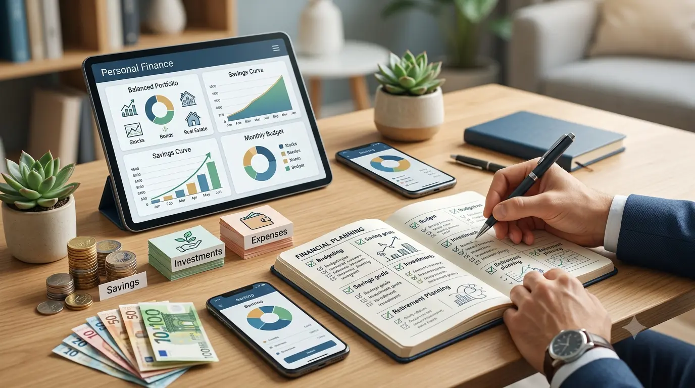 Persona che organizza budget familiare e risparmi su un tavolo con calcolatrice e grafici