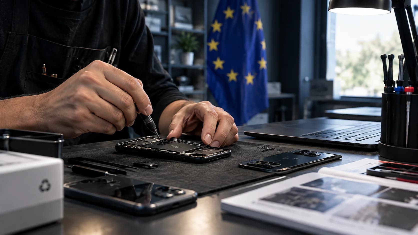 Etichetta europea dell'indice di riparabilità da A a E applicata a uno smartphone