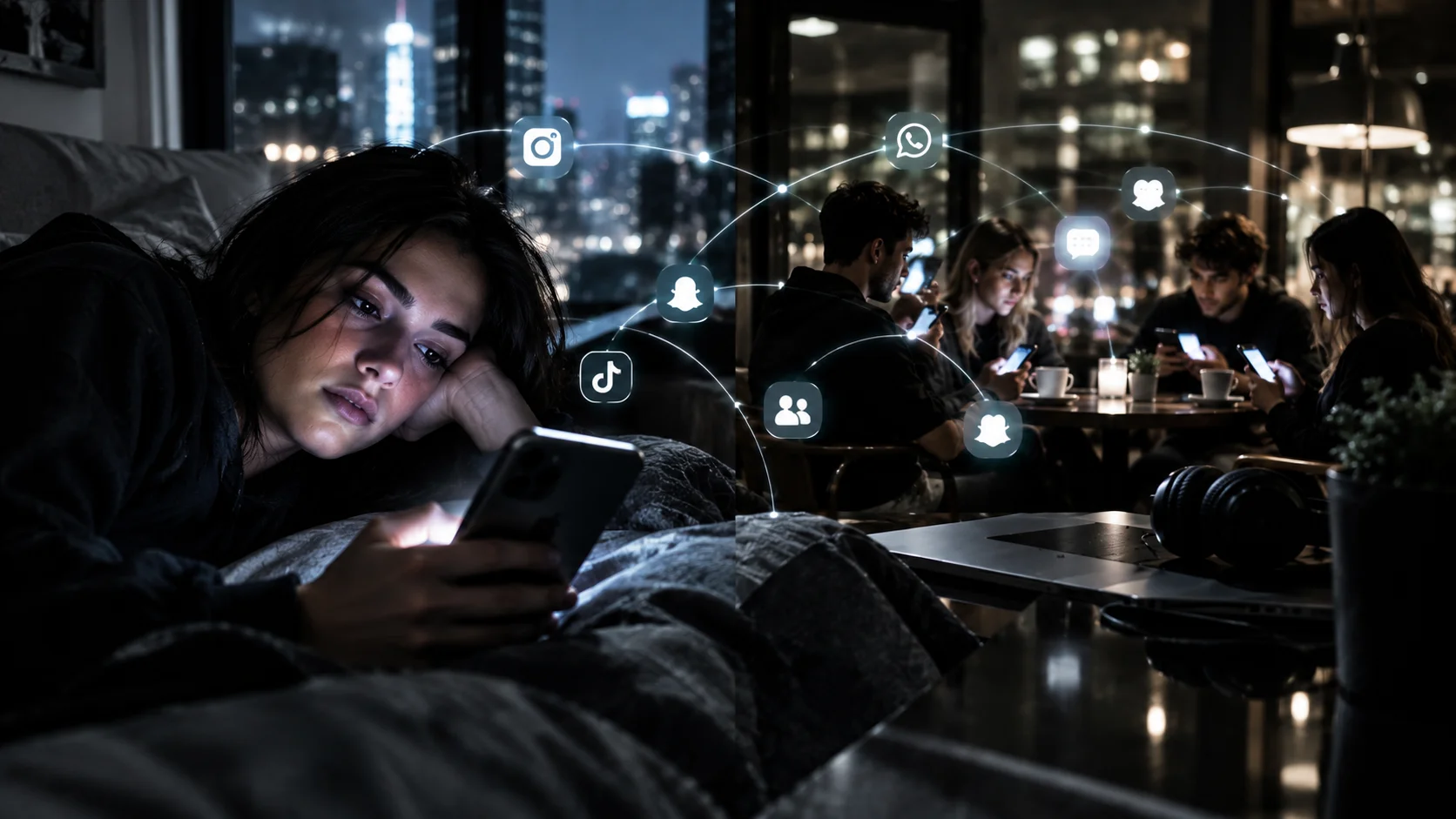 Mani che scorrono uno smartphone mentre una relazione reale resta sullo sfondo, simbolo della distanza relazionale nell'era digitale