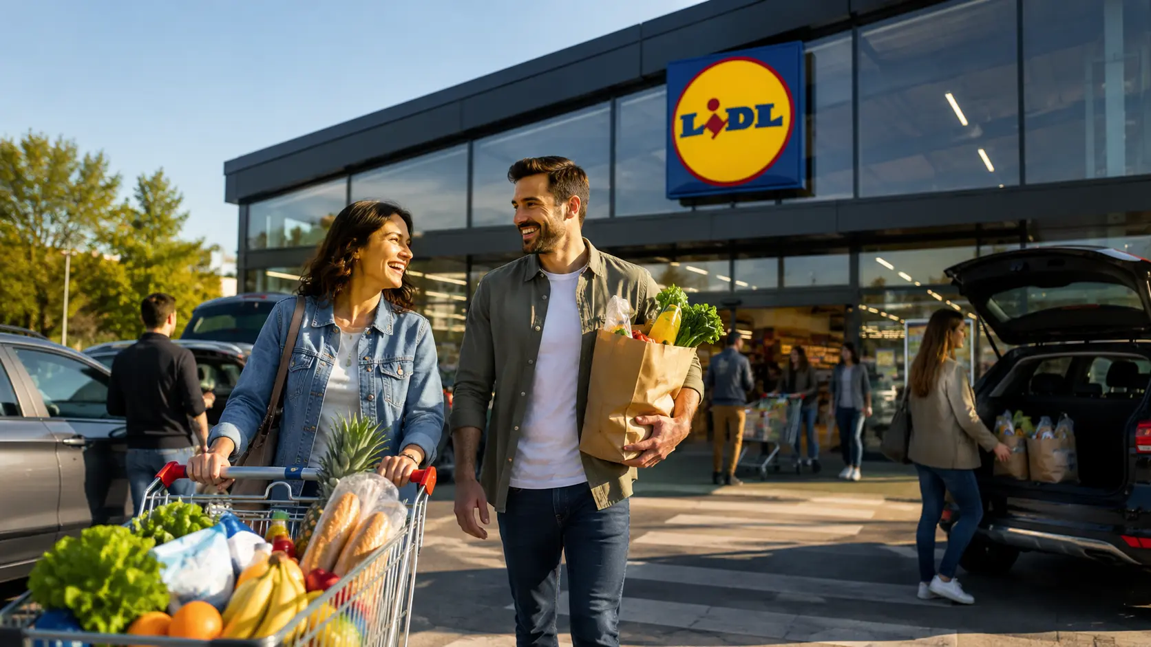 Smartphone con l'app Lidl Plus aperta su coupon sconto e carrello della spesa sullo sfondo