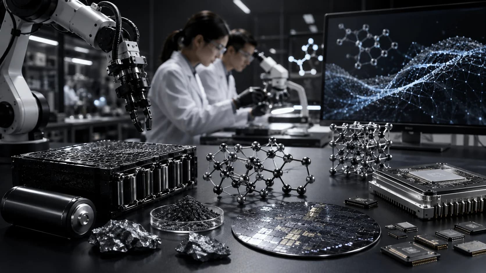 Rappresentazione dell'intelligenza artificiale applicata alla scoperta di nuovi materiali per batterie, chip e industria