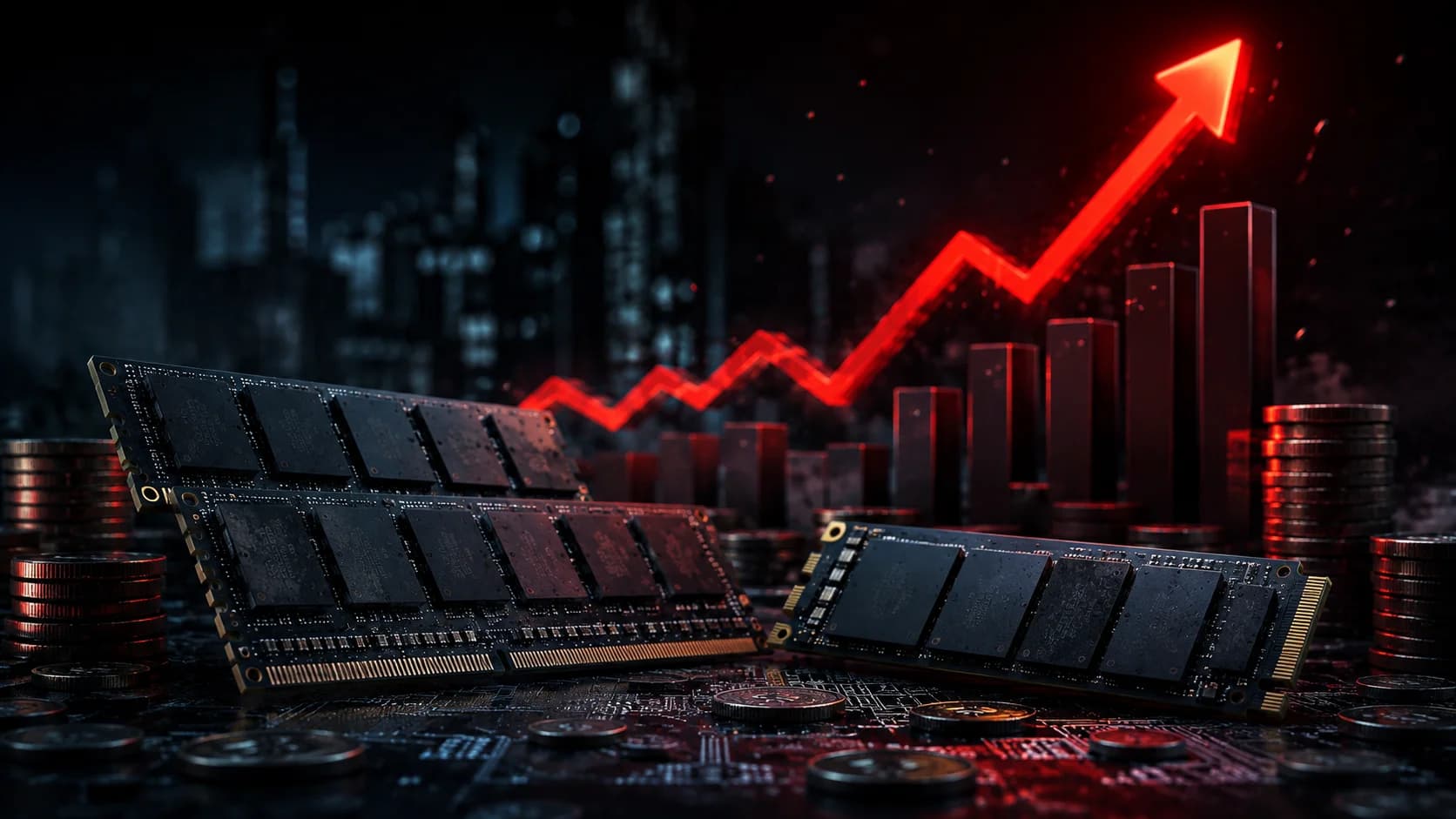Moduli di memoria RAM e unità SSD con grafico dell'aumento dei prezzi nel 2026