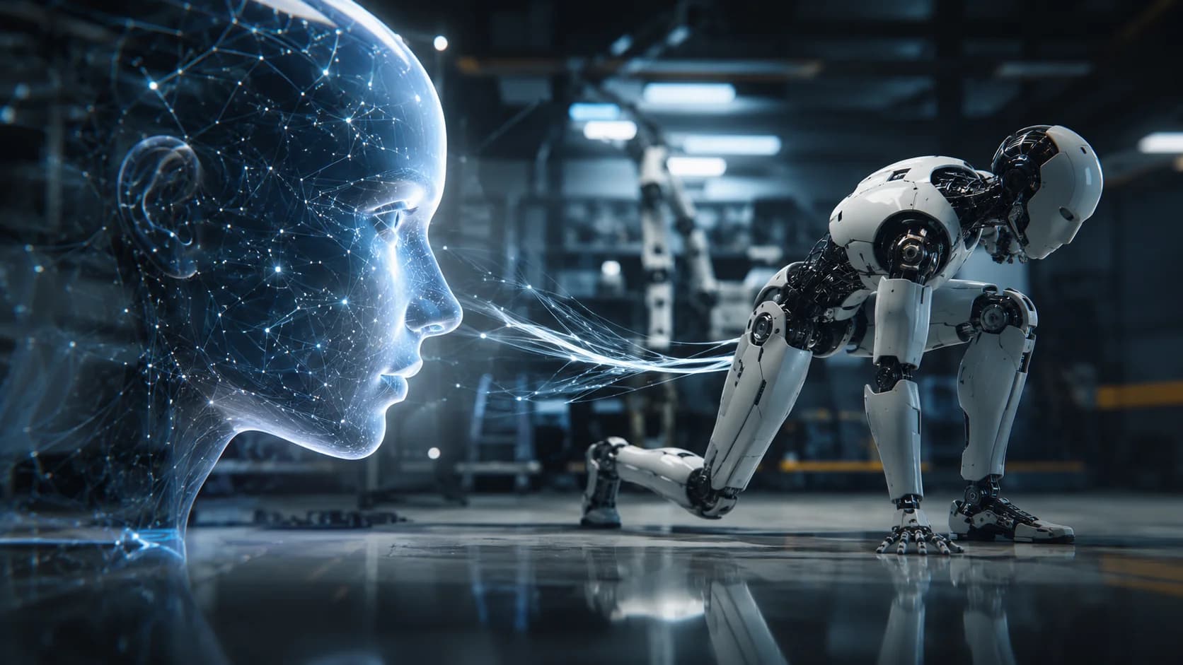 Braccio robotico guidato da un modello di intelligenza artificiale mentre manipola componenti in una linea di produzione