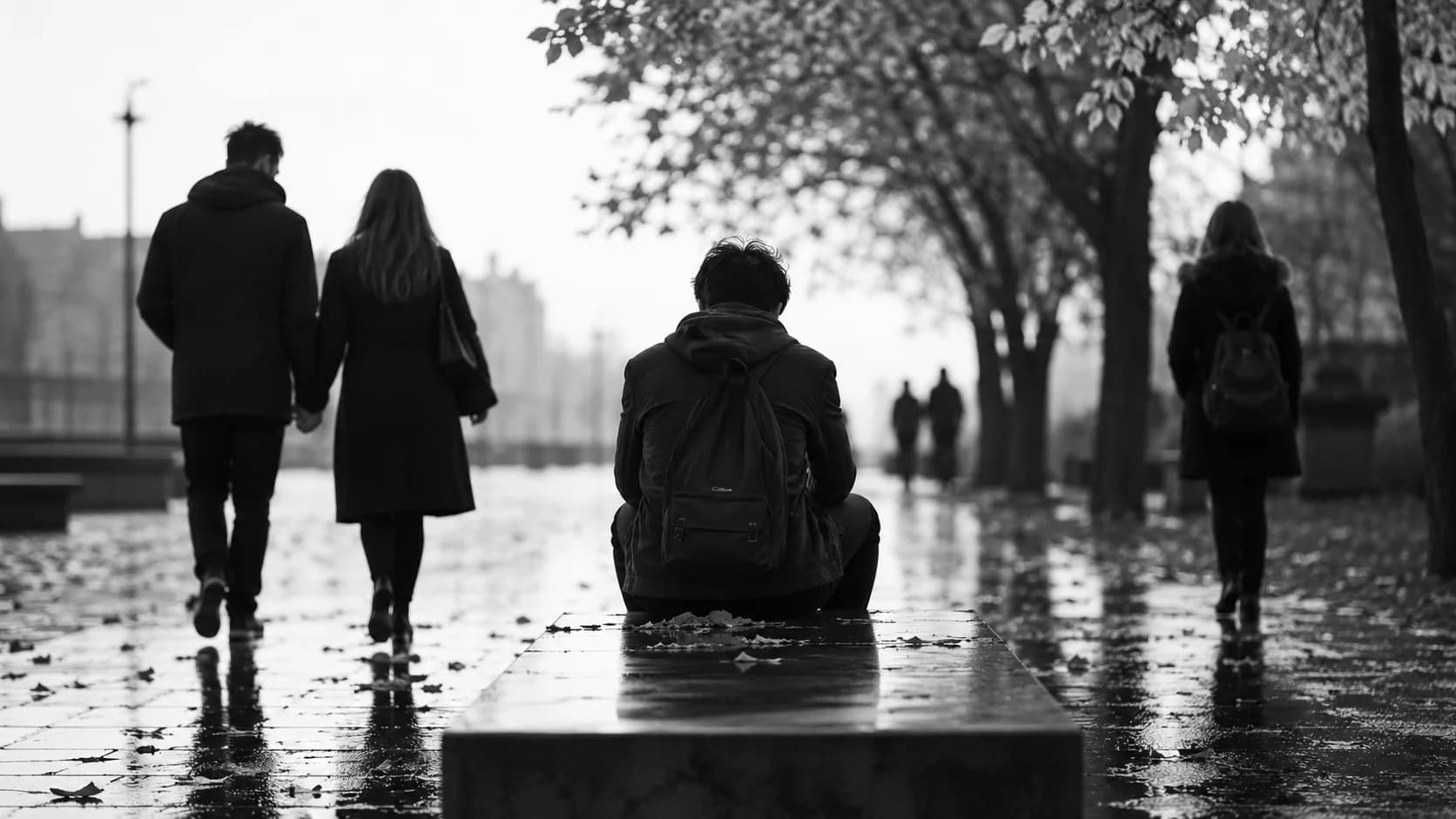 Coppia che si riavvicina in autunno con foglie che cadono, rappresentazione simbolica dei cambiamenti relazionali di settembre