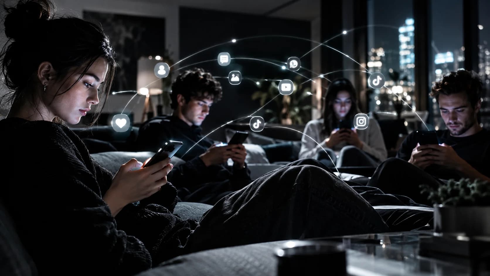 Persone circondate da smartphone e notifiche ma emotivamente distanti tra loro, rappresentazione del paradosso della connessione digitale