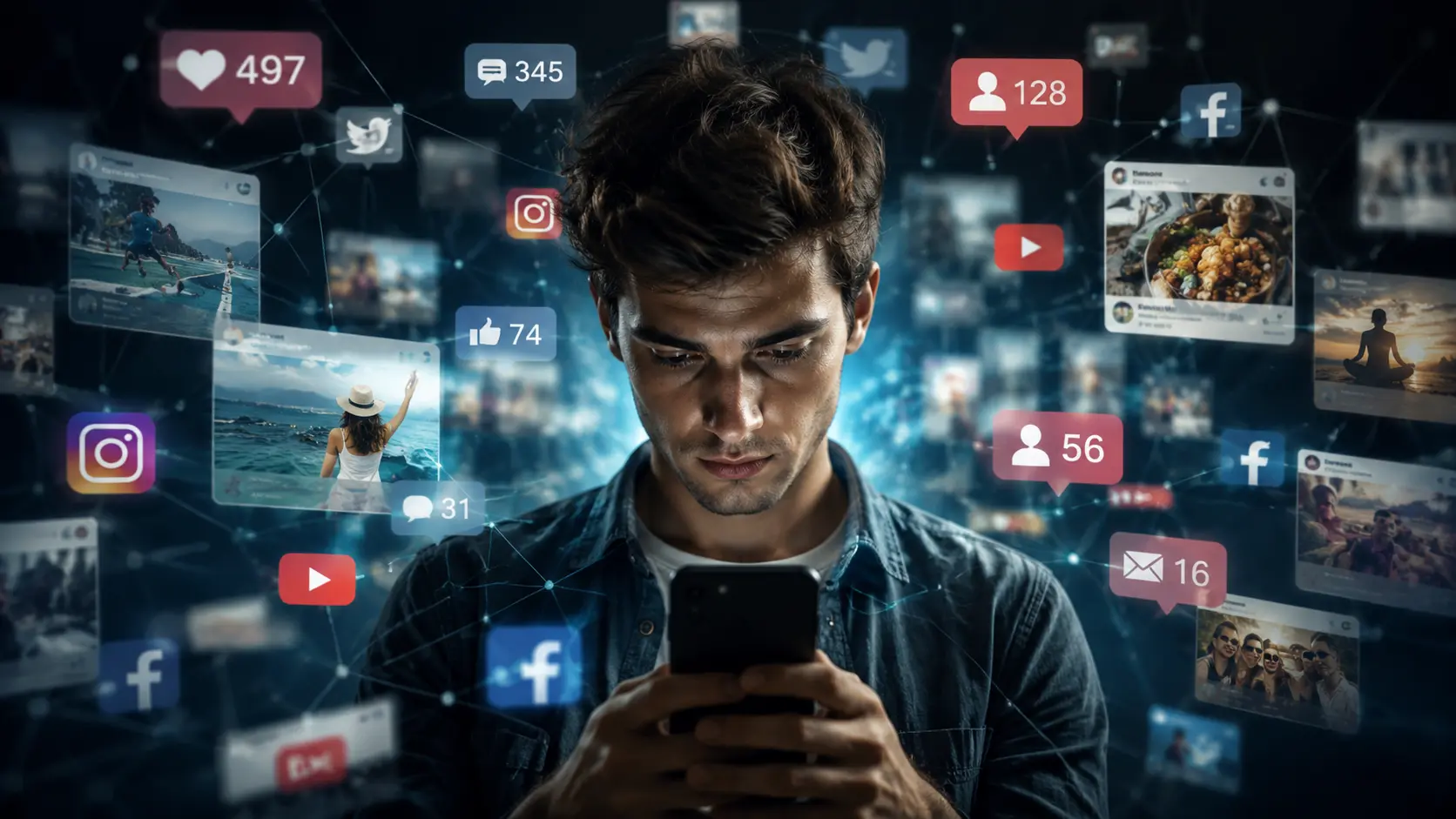 Persona che scorre il feed di uno smartphone circondata da icone social, simbolo dell'influenza digitale sulle opinioni