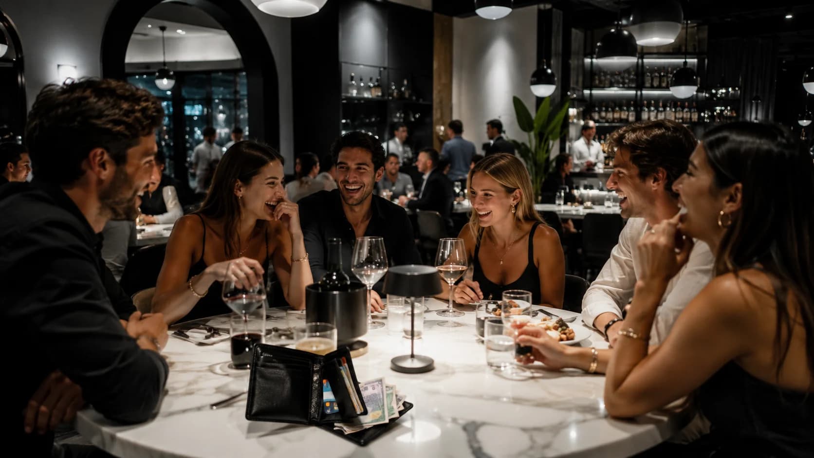 Gruppo di amici che controlla il conto durante un aperitivo, simbolo del costo crescente della vita sociale