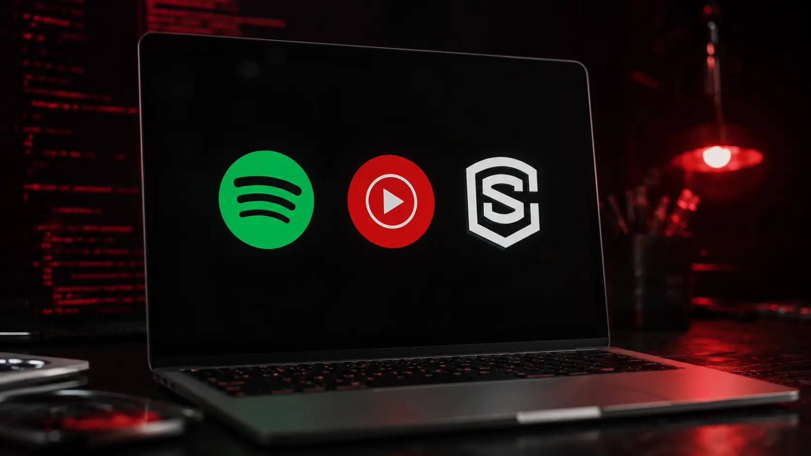 Icone di app musicali craccate accanto a un simbolo di allerta sicurezza e diritto d'autore