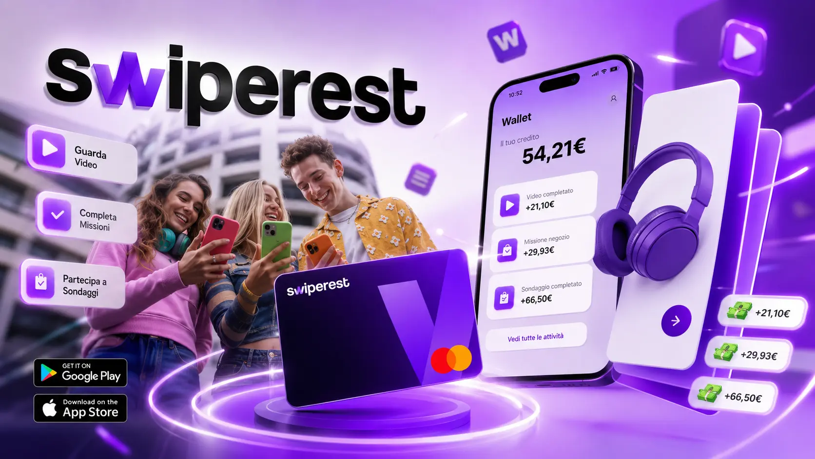 Smartphone con app per guadagnare online e simboli di crediti digitali