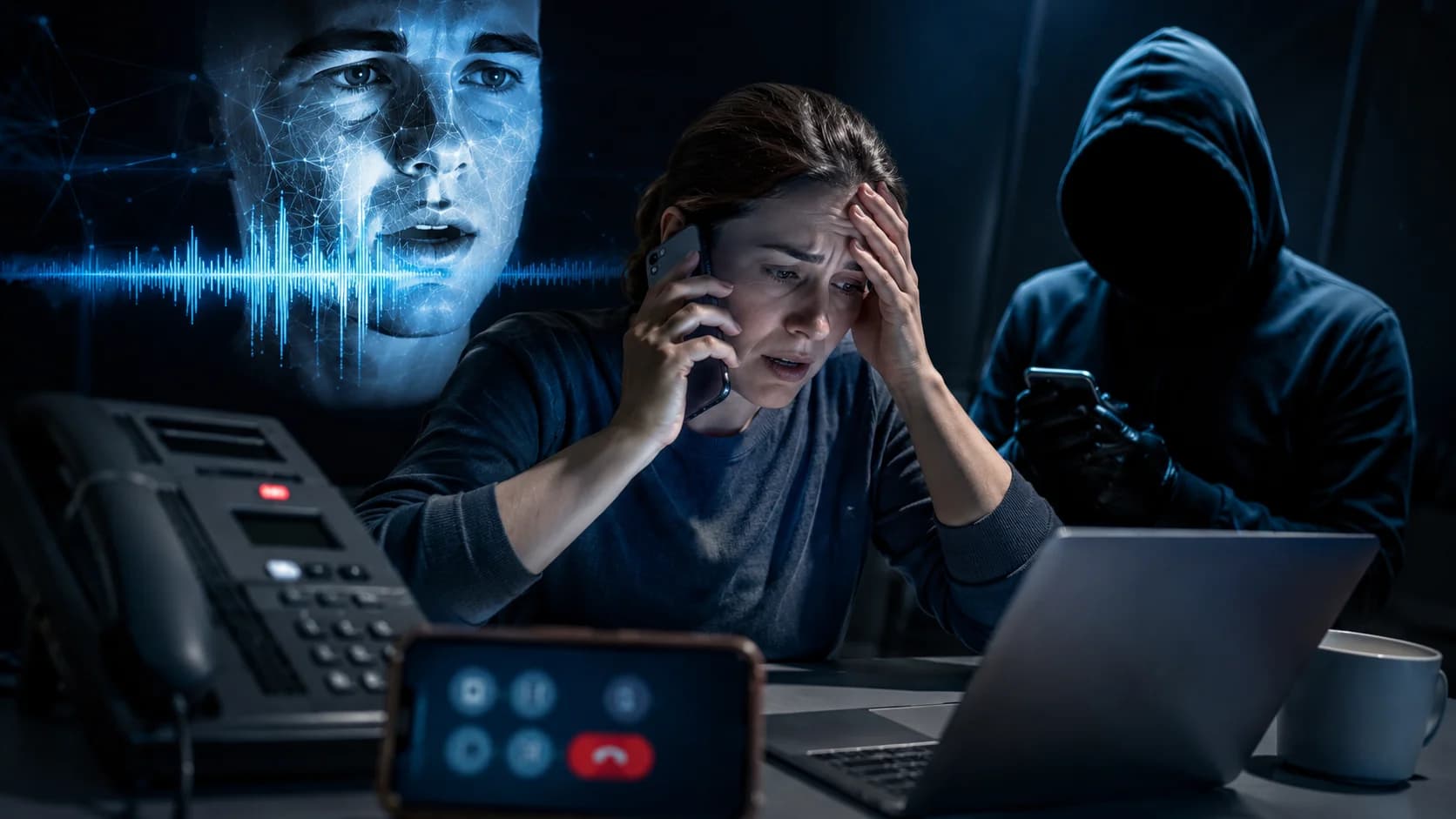 Smartphone che riceve una chiamata sospetta con simboli di intelligenza artificiale e sicurezza digitale