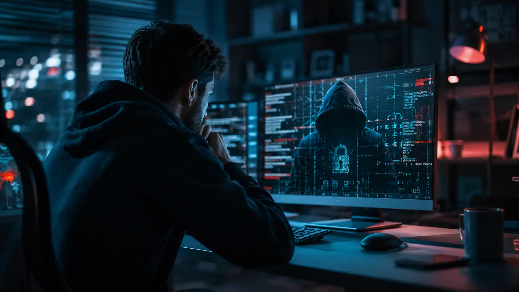 Persona che controlla la sicurezza dei propri account su smartphone e laptop